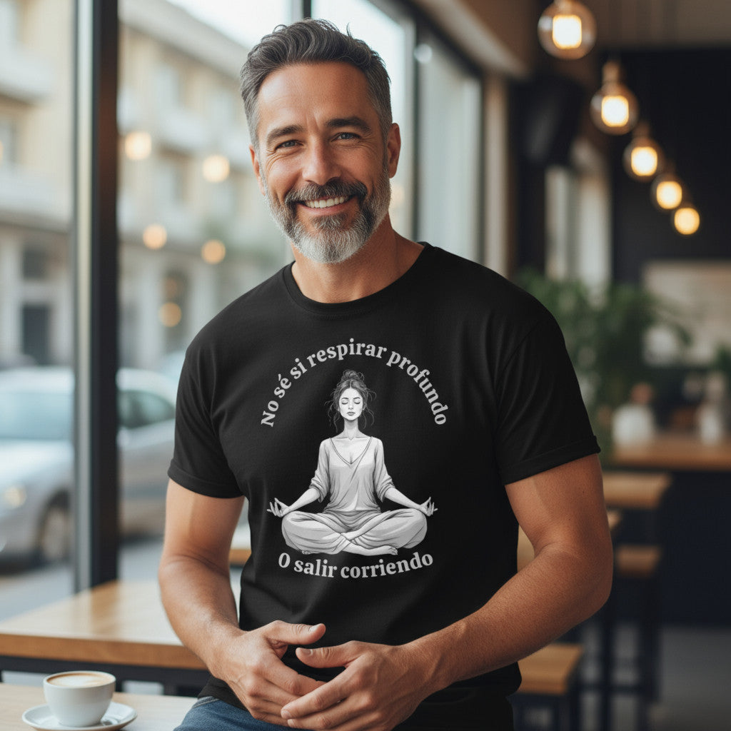 Modelo hombre con camiseta negra y la frase, en interior tipo cafetería.