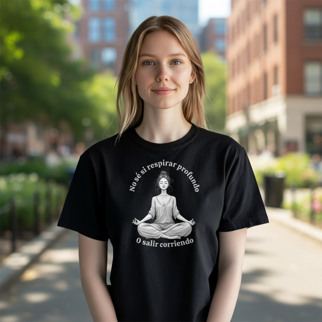 Modelo mujer en exterior con camiseta “No sé si respirar profundo… o salir corriendo”.