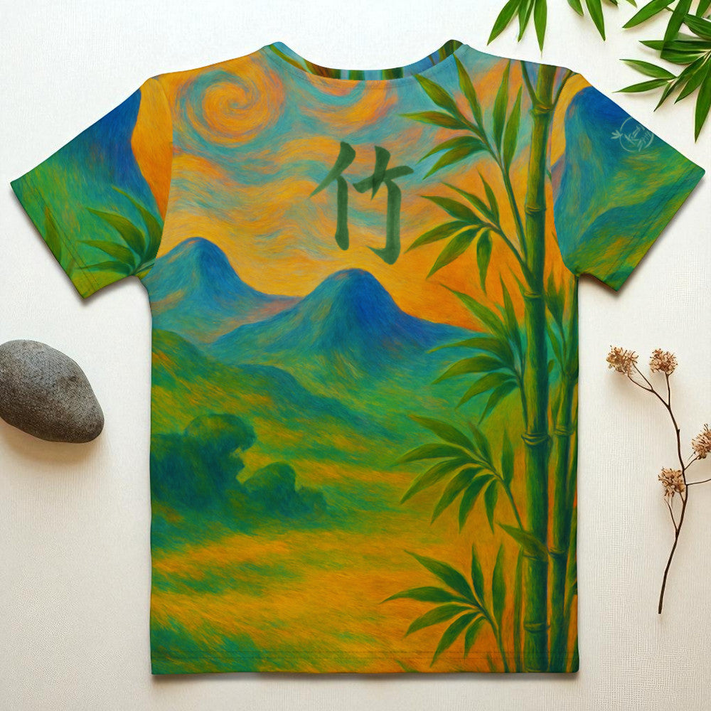 Camiseta de mujer bambú y pavo real, vista plana espalda,diseño de paisje con montañas,  kanji bambú y ramas de bambú
