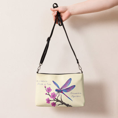 Bolso bandolera artístico con diseño de libélula y flores, estilo elegante japonés