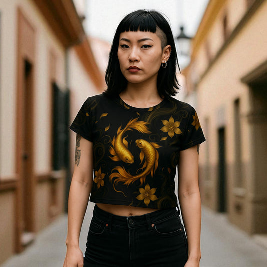 Modelo mujer con camiseta crop Golden Koi, estampado de carpa dorada y flores sobre fondo negro.