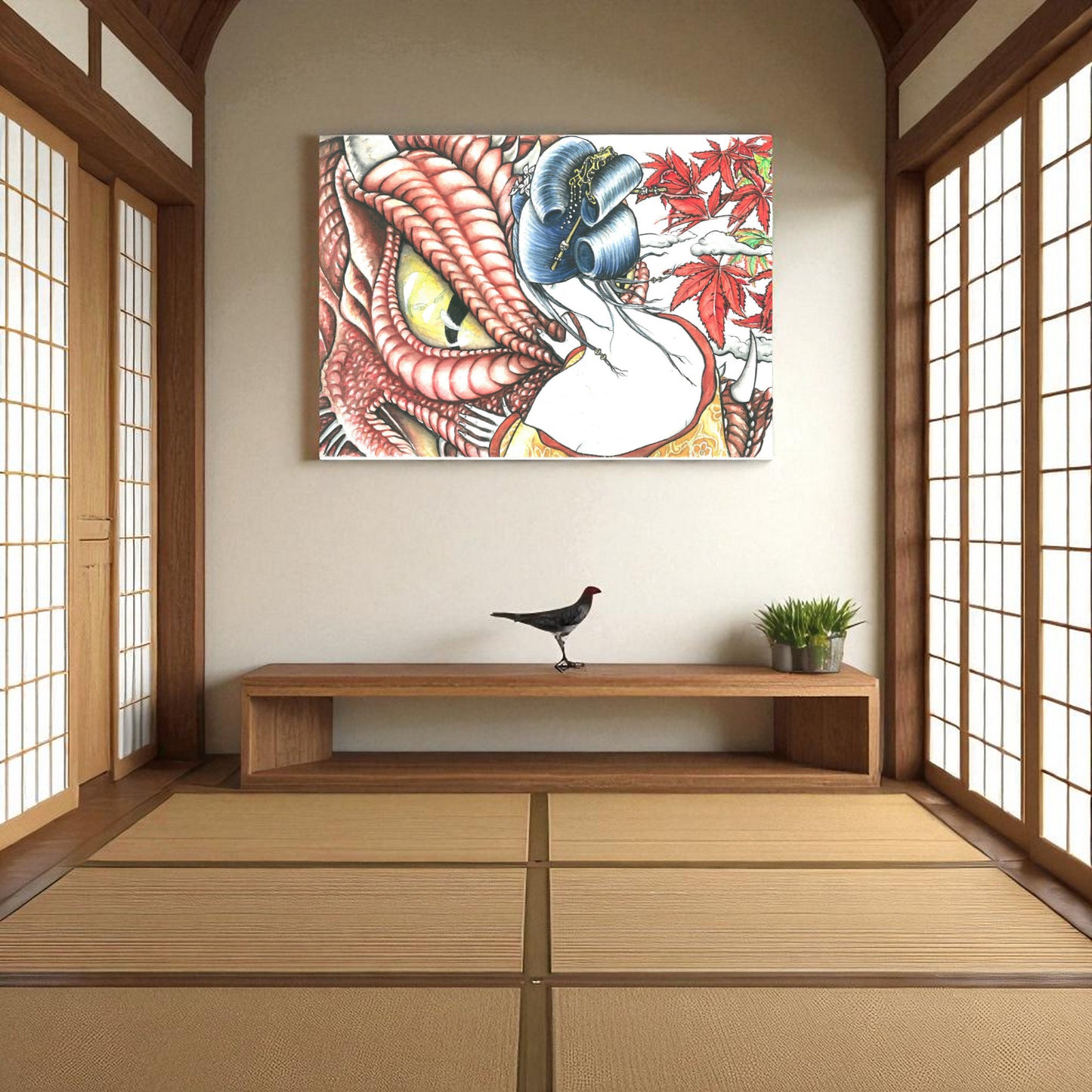 Cuadro japonés El Ojo del Dragón en pared minimalista con mesa baja.