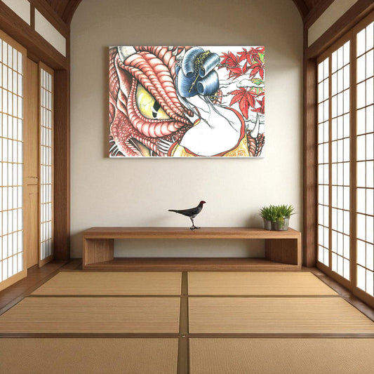 Cuadro japonés El Ojo del Dragón en pared minimalista con mesa baja.