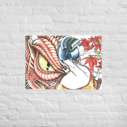 Detalle del rostro del dragón en cuadro japonés El Ojo del Dragón, estilo oriental