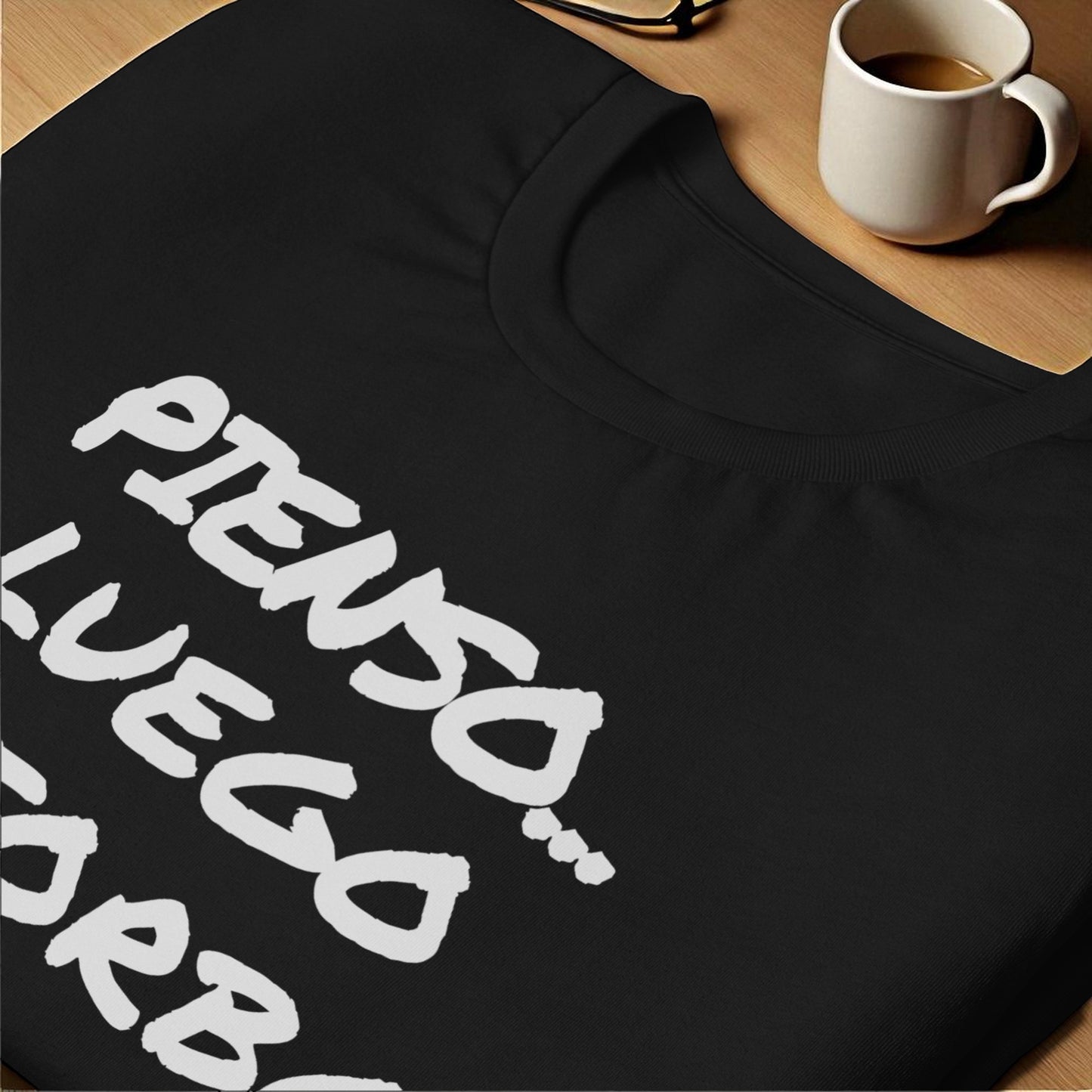 Detalle ampliado de la tipografía “PIENSO… LUEGO ESTORBO” en la tela.