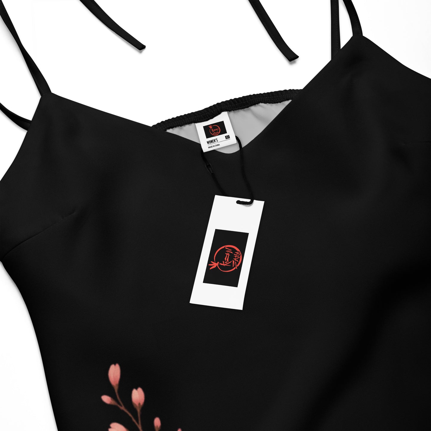 vestido midi japones con flores y libélula  rojas y doradas. detalle tirantes y etiquetas