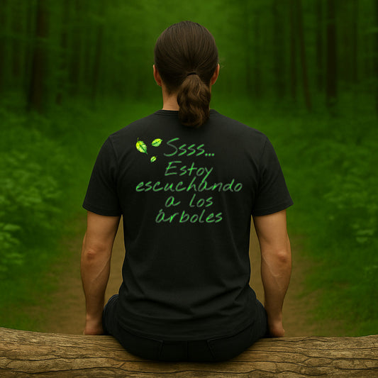 Camiseta negra unisex “Ssss… estoy escuchando a los árboles”, vista de espalda, modelo hombre en exterior
