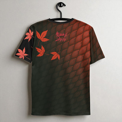 Vista trasera camiseta dragón rojo. Patrón de escamas rojas estilo oriental