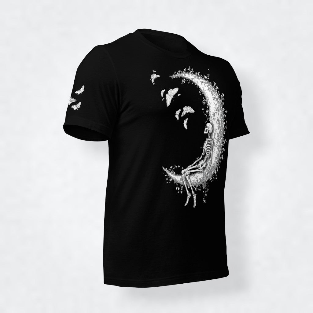 Camiseta mujer Esqueleto en la Luna, vistaen ángulo isométrico.