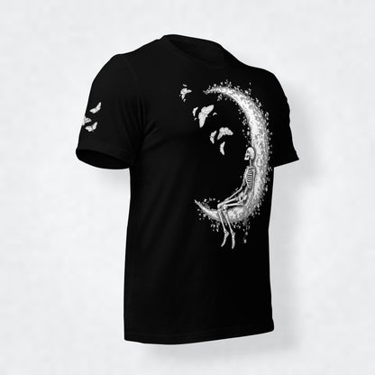 Camiseta mujer Esqueleto en la Luna, vistaen ángulo isométrico.