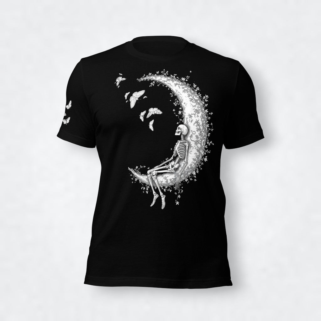 Camiseta negra de mujer “Esqueleto en la luna”, vista frontal flotante