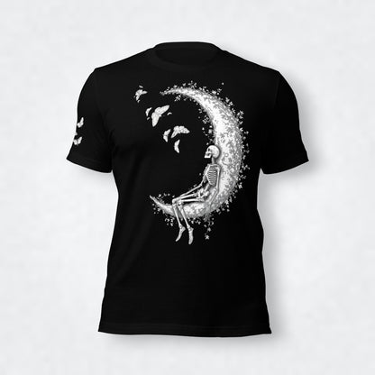 Camiseta negra de mujer “Esqueleto en la luna”, vista frontal flotante