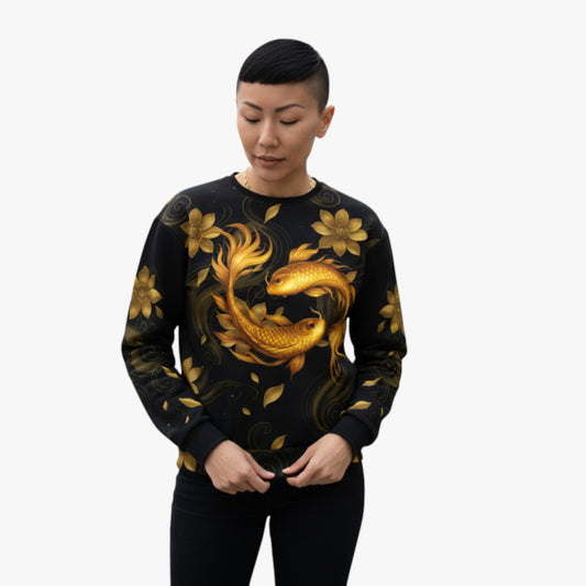 Modelo mujer a cuerpo entero con sudadera negra Golden Koi.