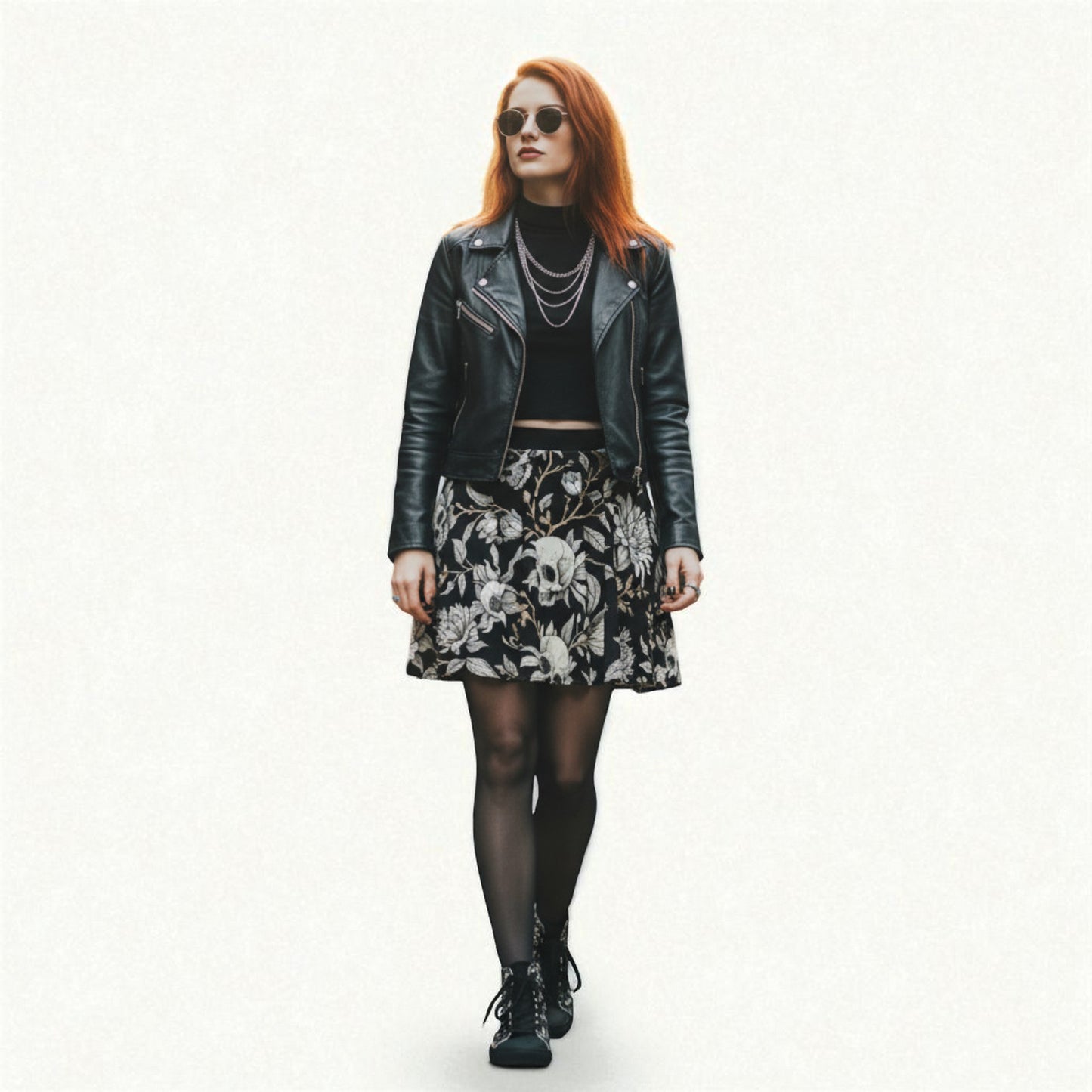 modelo mujer con falada skater calaveras y flores estilo gótico