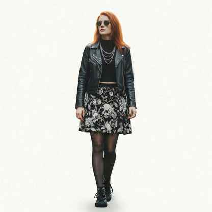 modelo mujer con falada skater calaveras y flores estilo gótico
