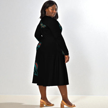 modelo talla grande vestido midi negro polilla calavera vista tres cuartos espalda