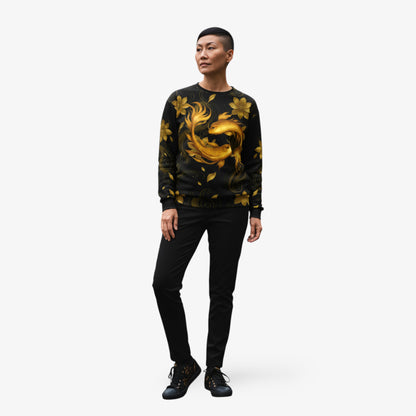 Modelo mujer a cuerpo entero con sudadera negra Golden Koi.