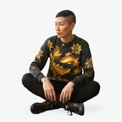 Modelo mujer sentada con sudadera negra Golden Koi.
