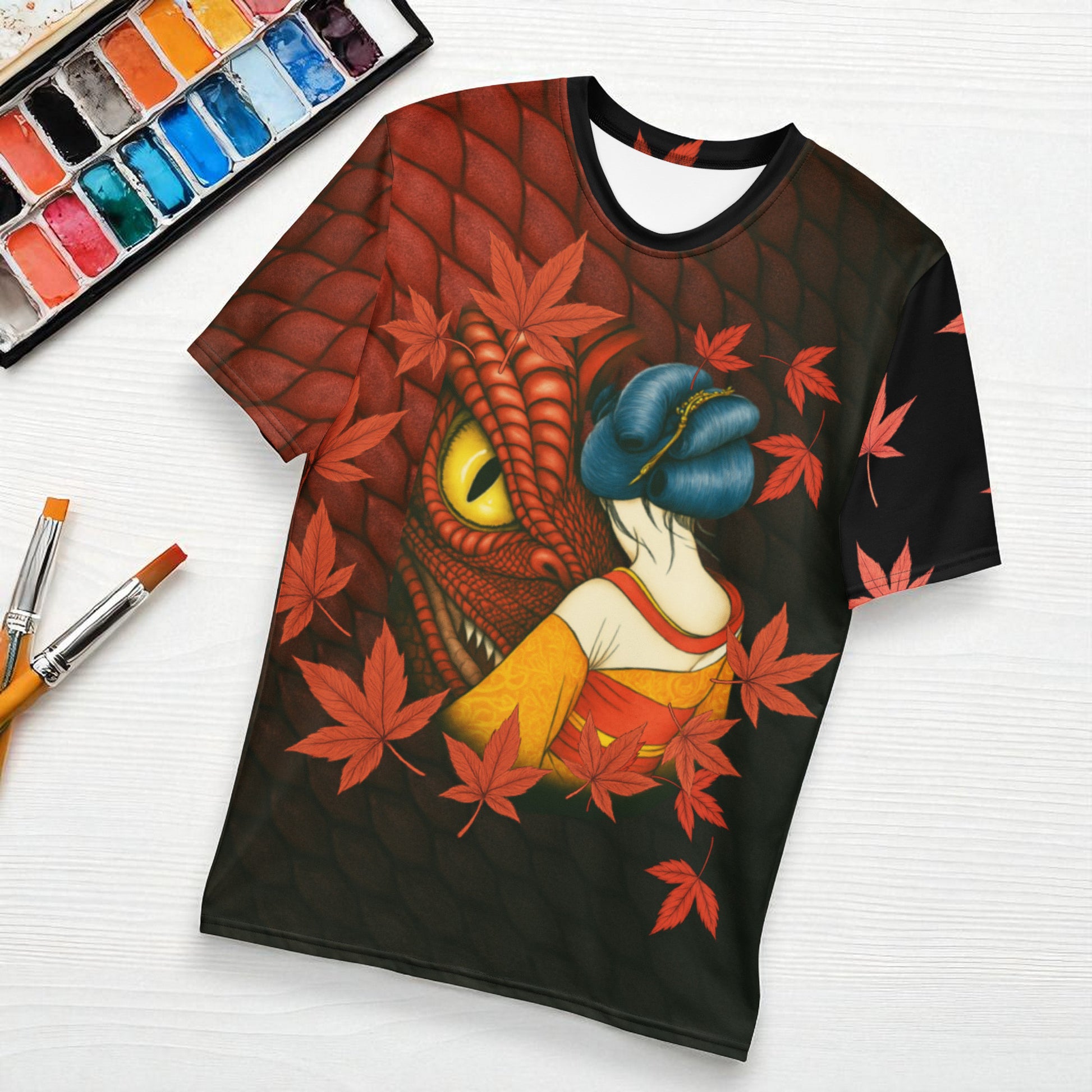 Camiseta unisex dragón rojo y geisha