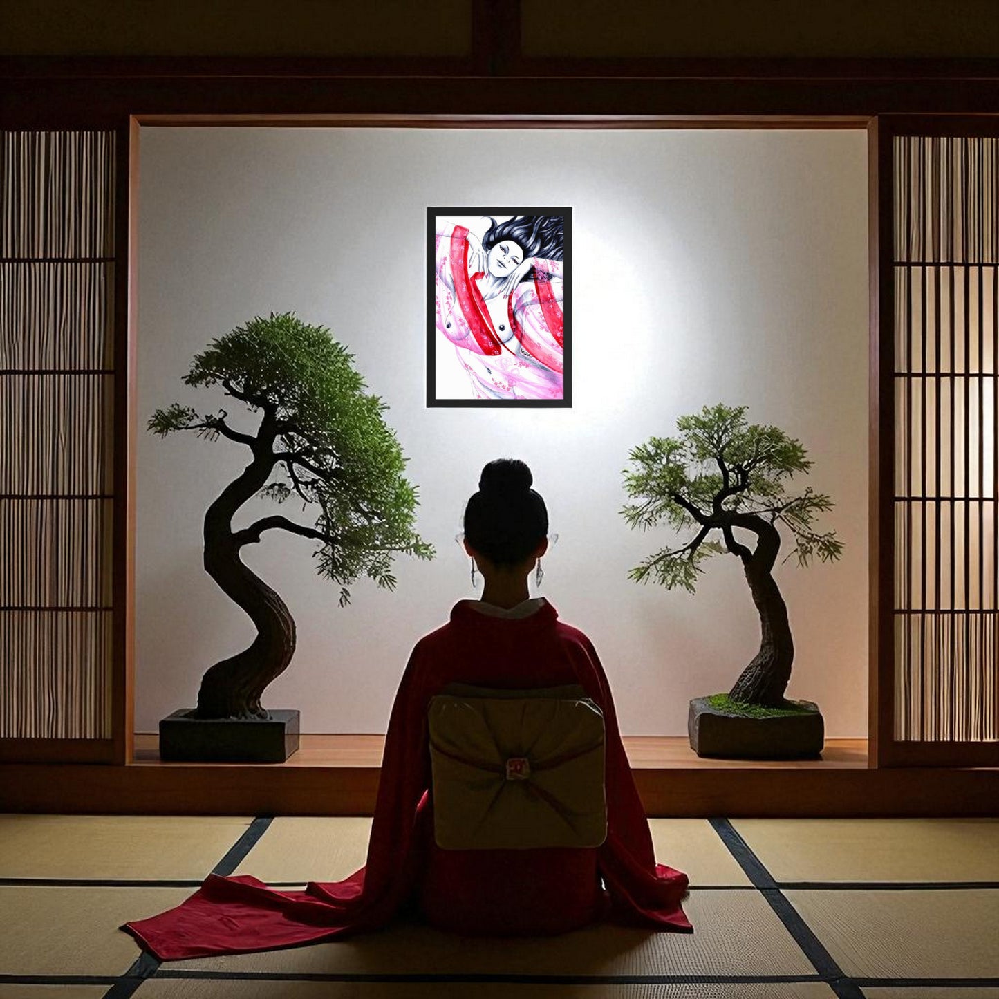 Póster Geisha Pink colgado en sala de meditación con bonsáis, estilo japonés zen