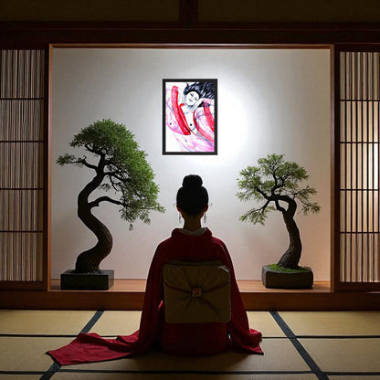 Póster Geisha Pink colgado en sala de meditación con bonsáis, estilo japonés zen