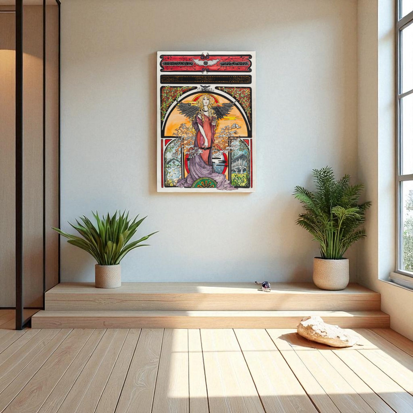 Póster homenaje a Asturias enmarcado en pared clara con planta decorativa