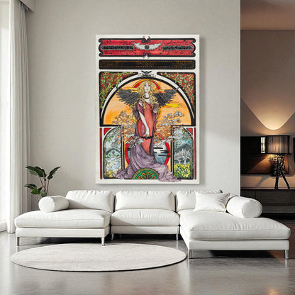 Póster homenaje a Asturias colgado en salón moderno, arte en acuarela y tinta china estilo vintage