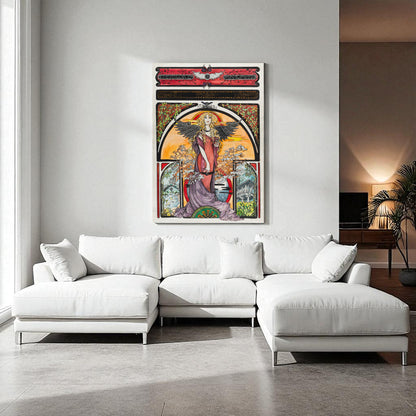 Póster homenaje a Asturias estilo carteles antiguos, figura femenina alada y motivos florales