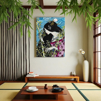 Póster Bambú y Luna enmarcado, figura femenina iluminada por la luna entre bambúes.  Reproducción en alta calidad de obra original de Kuzen Saha