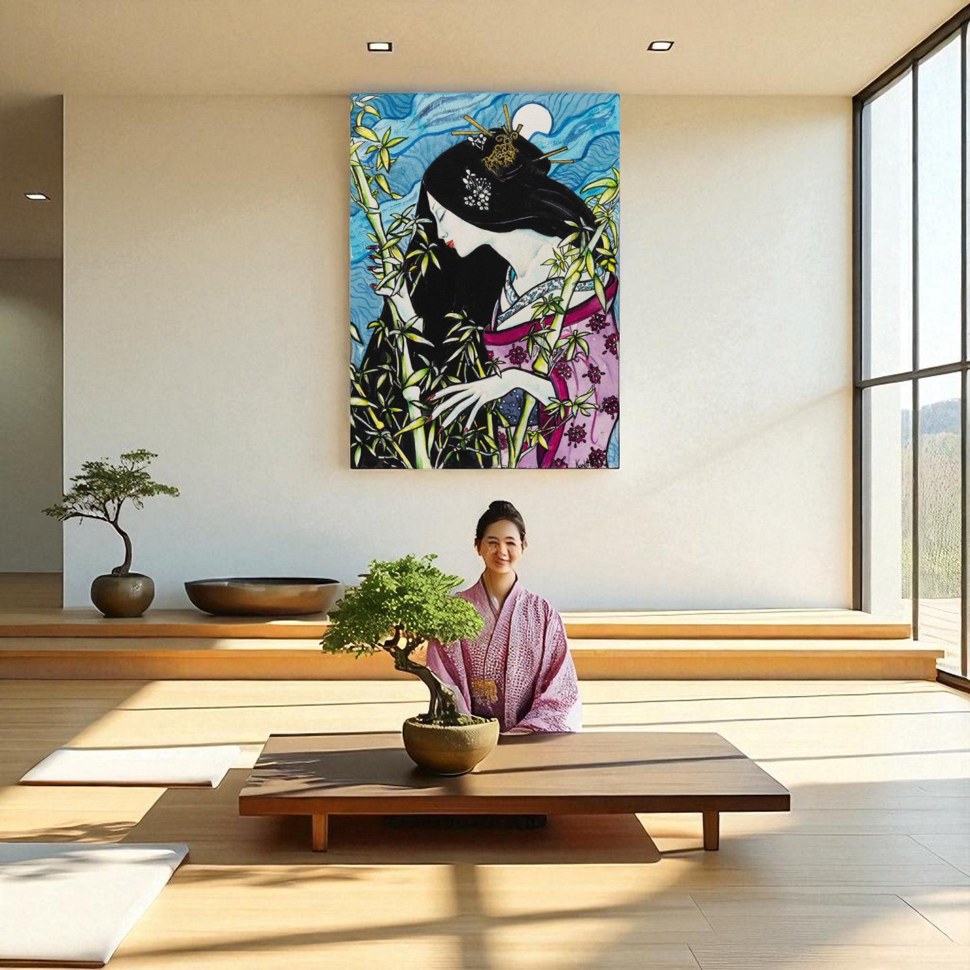 Póster Bambú y Luna en sala de meditación, arte japonés en acuarela y tinta china.  Reproducción en alta calidad de obra original de Kuzen Saha