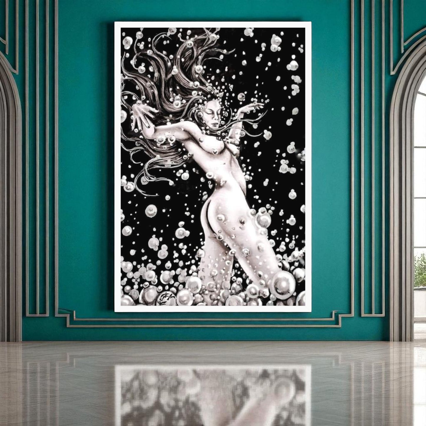 Cuadro Danzarina del Agua enmarcado, arte oriental en acuarela, tinta china y acrílico