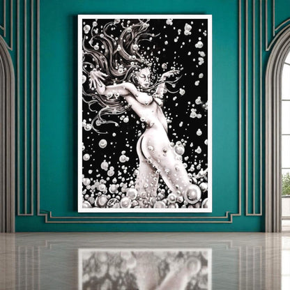 Cuadro Danzarina del Agua enmarcado, arte oriental en acuarela, tinta china y acrílico