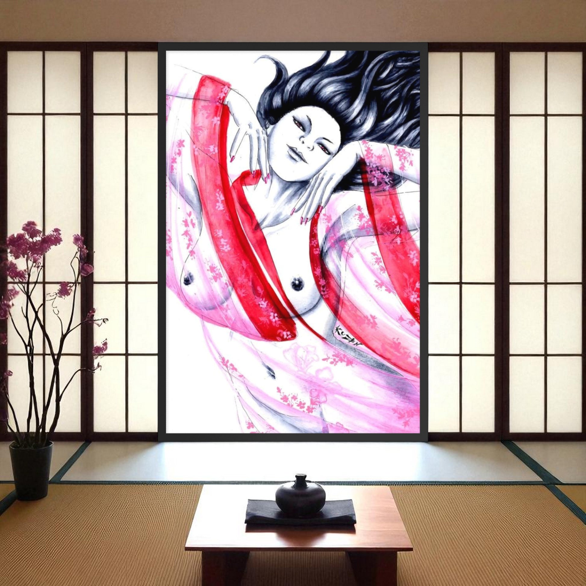 Cuadro Geisha Pink enmarcado, arte japonés en acuarela con geisha en kimono rosa