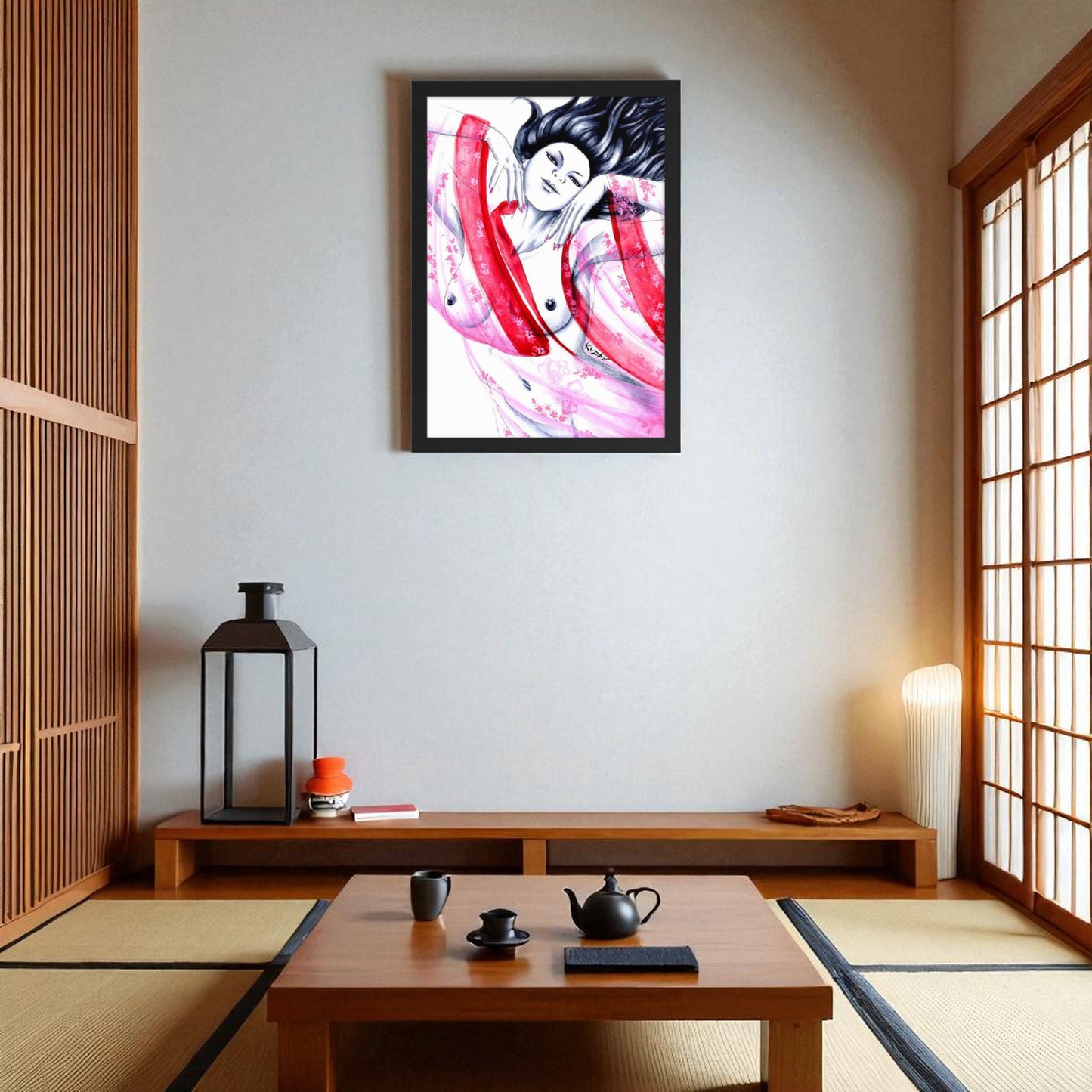 Póster Geisha Pink en habitación minimalista japonesa con mesa baja