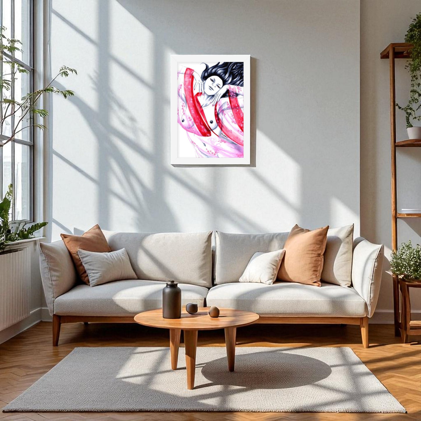 Póster Geisha Pink enmarcado sobre pared blanca, arte oriental en acuarela