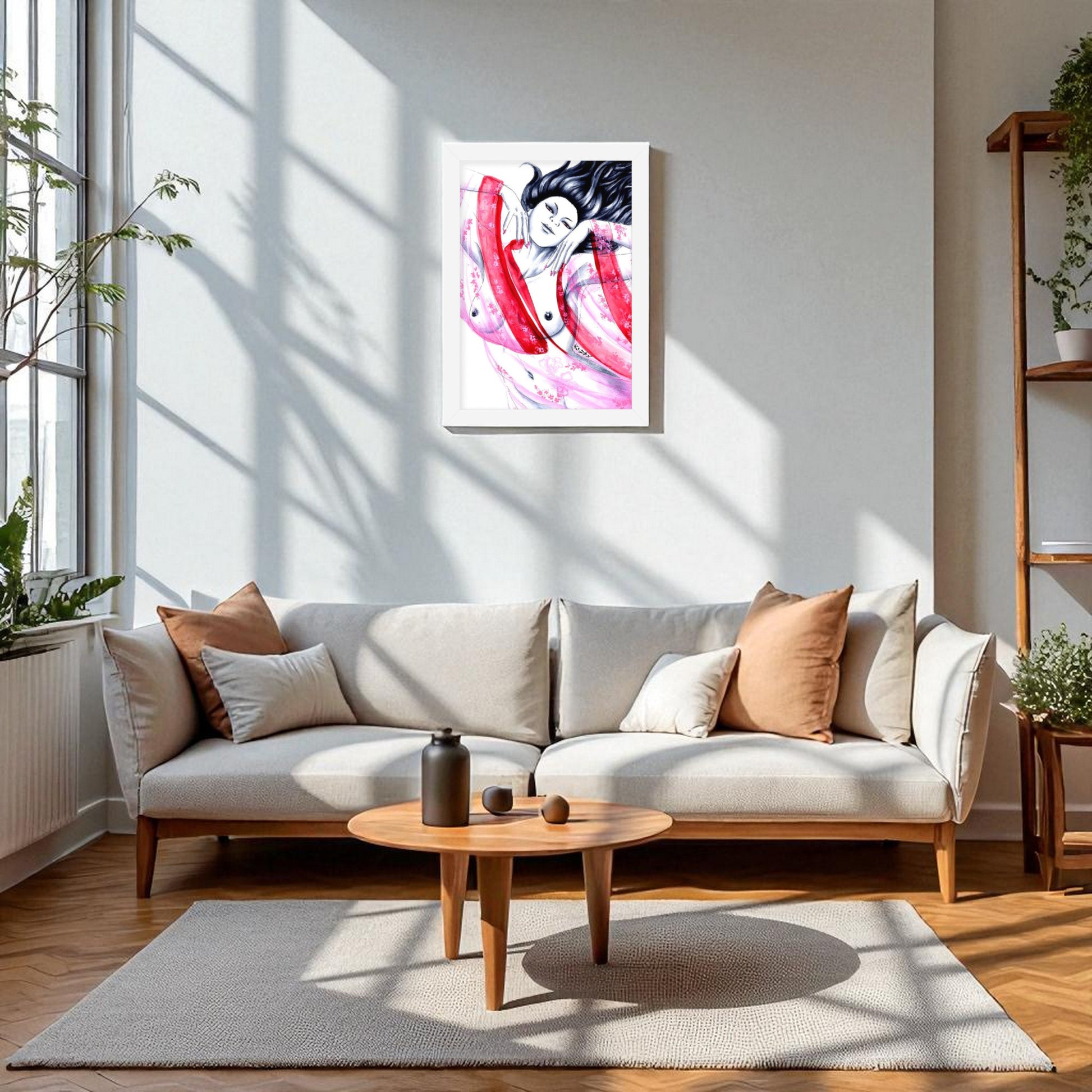 Póster Geisha Pink enmarcado sobre pared blanca, arte oriental en acuarela