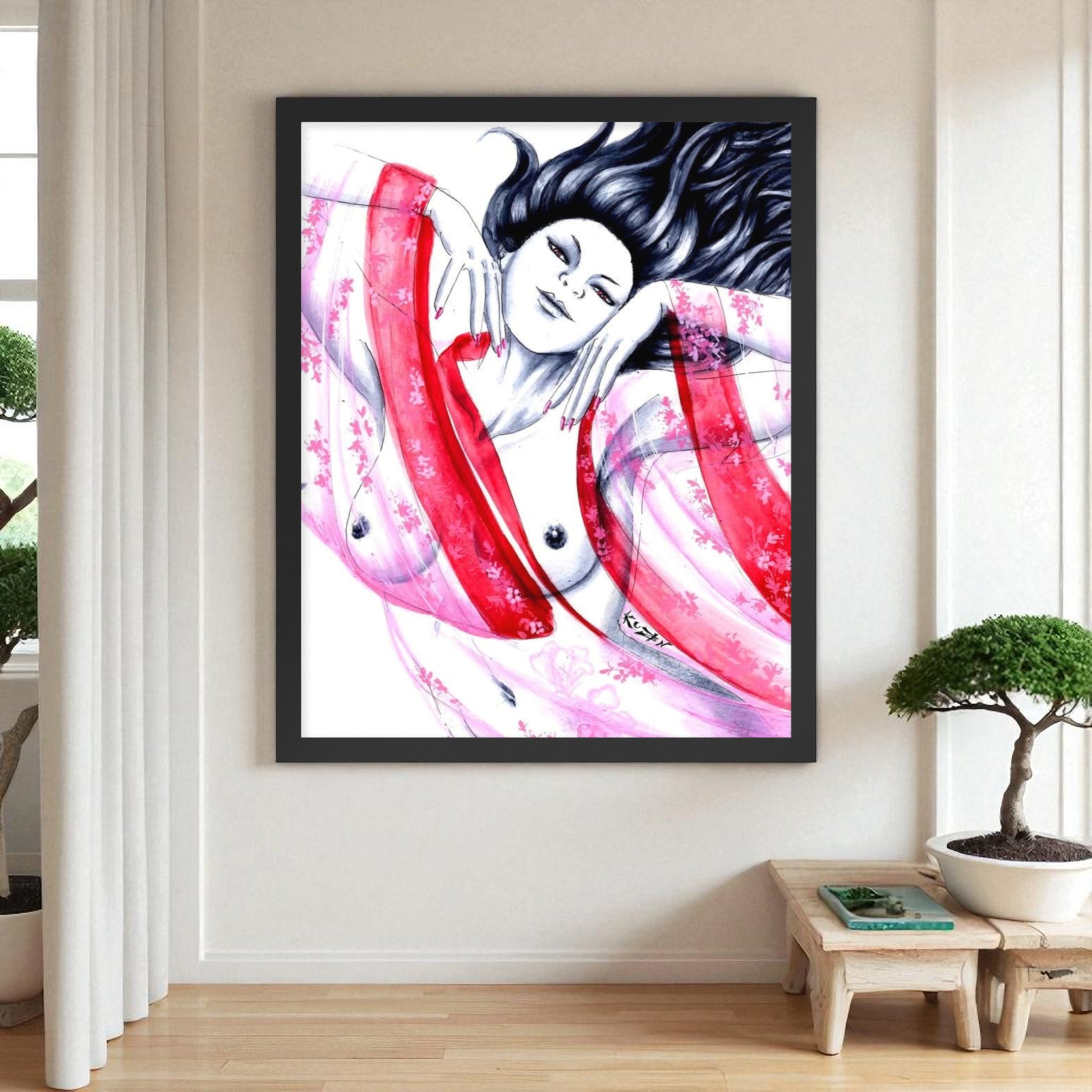 Cuadro Geisha Pink enmarcado, arte japonés en acuarela con geisha en kimono rosa