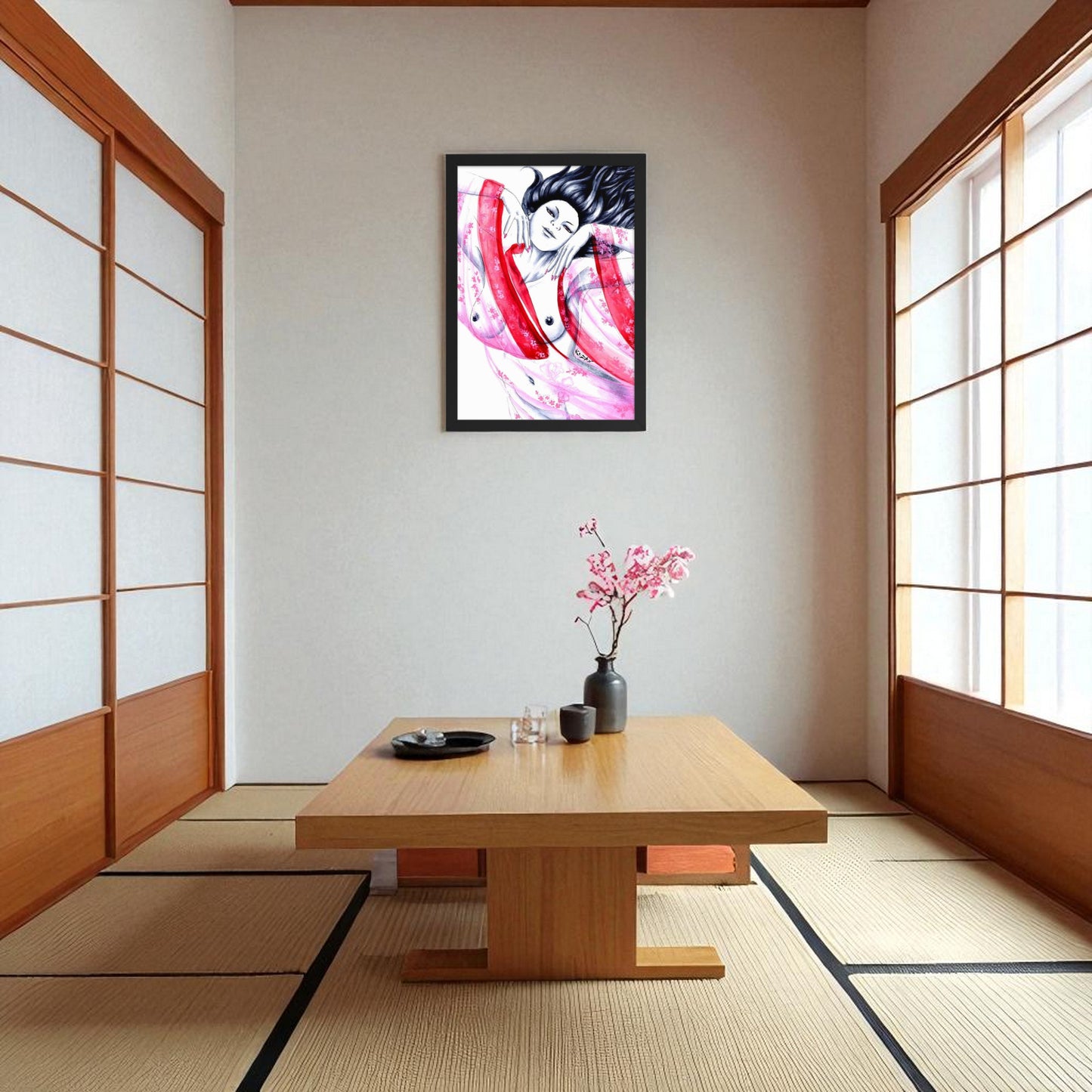Póster Geisha Pink colgado en salón luminoso con sofás claros, arte japonés decorativo