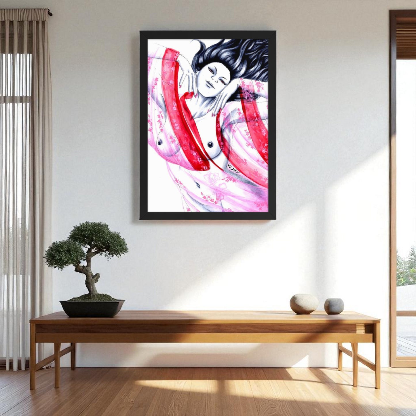 Cuadro Geisha Pink en decoración de salón moderno, arte japonés en acuarela