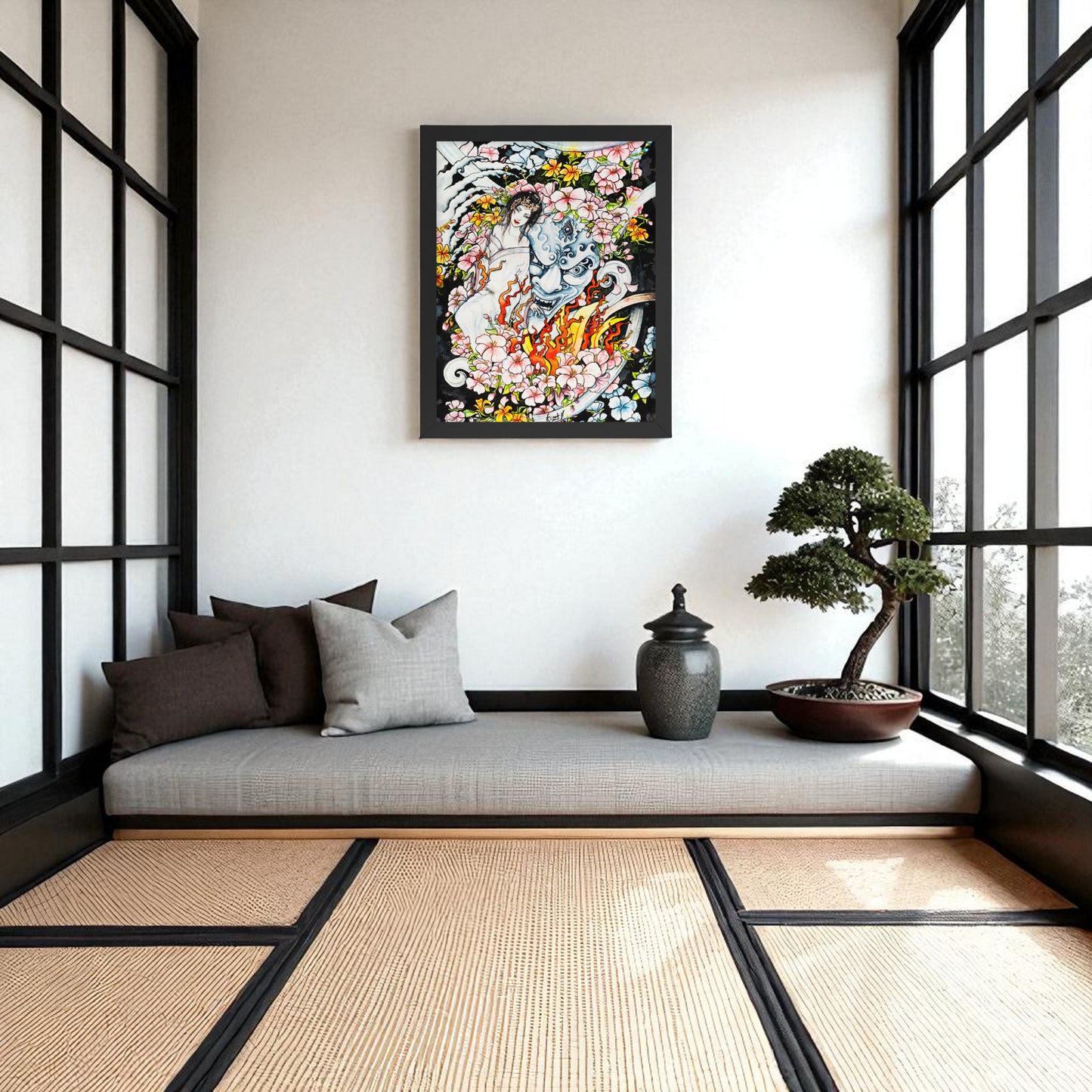 Póster Geisha y Máscara en pared, reproducción de alta calidad