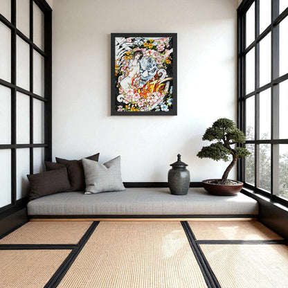 Póster Geisha y Máscara en pared, reproducción de alta calidad