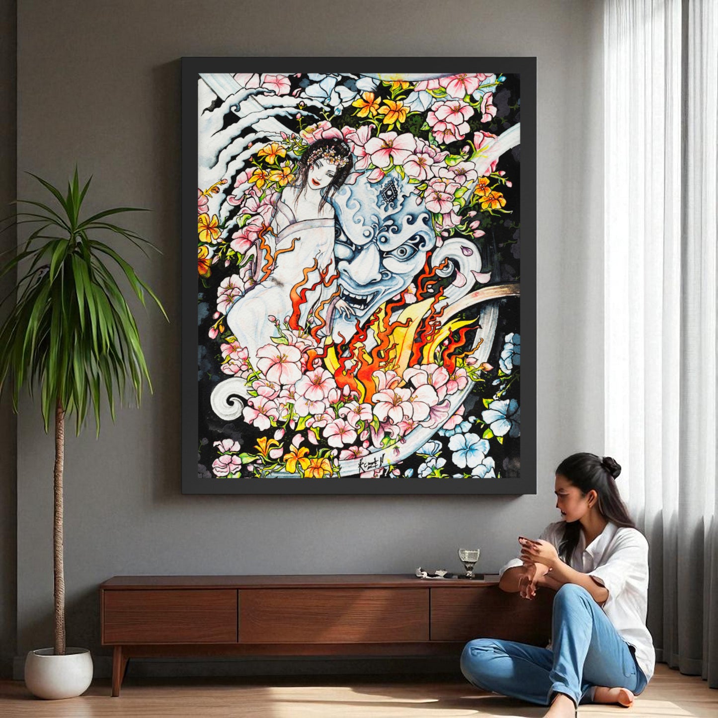 Póster enmarcado Geisha y Máscara colgado en salón