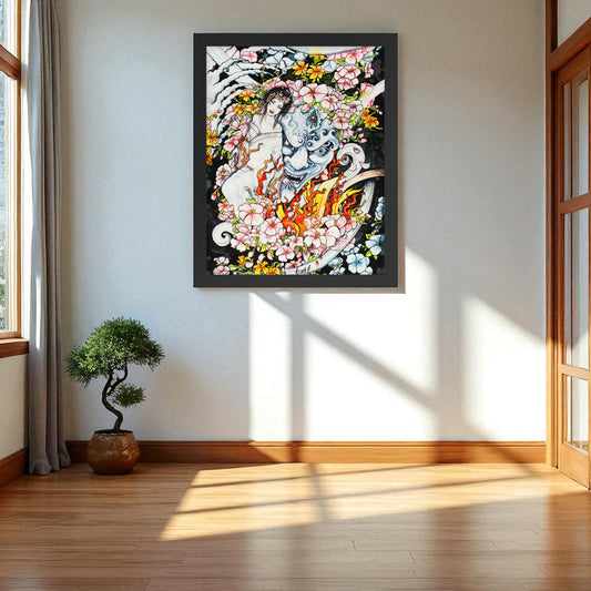 Póster Geisha y Máscara colgado en interior luminoso