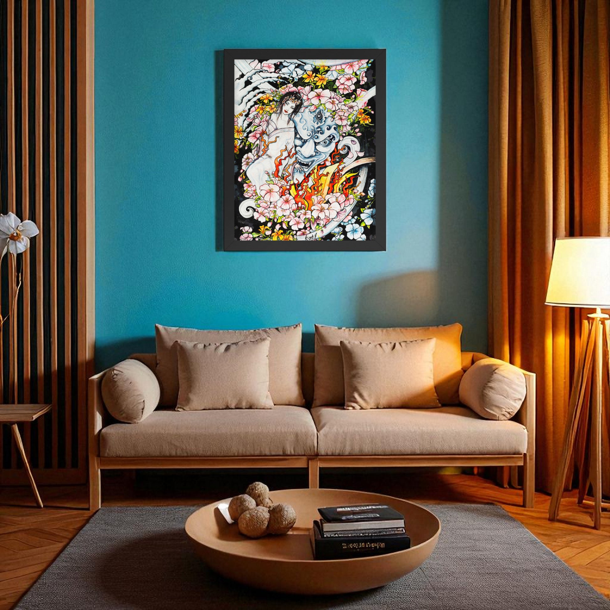 Póster Geisha y Máscara en salón turquesa  con sofá