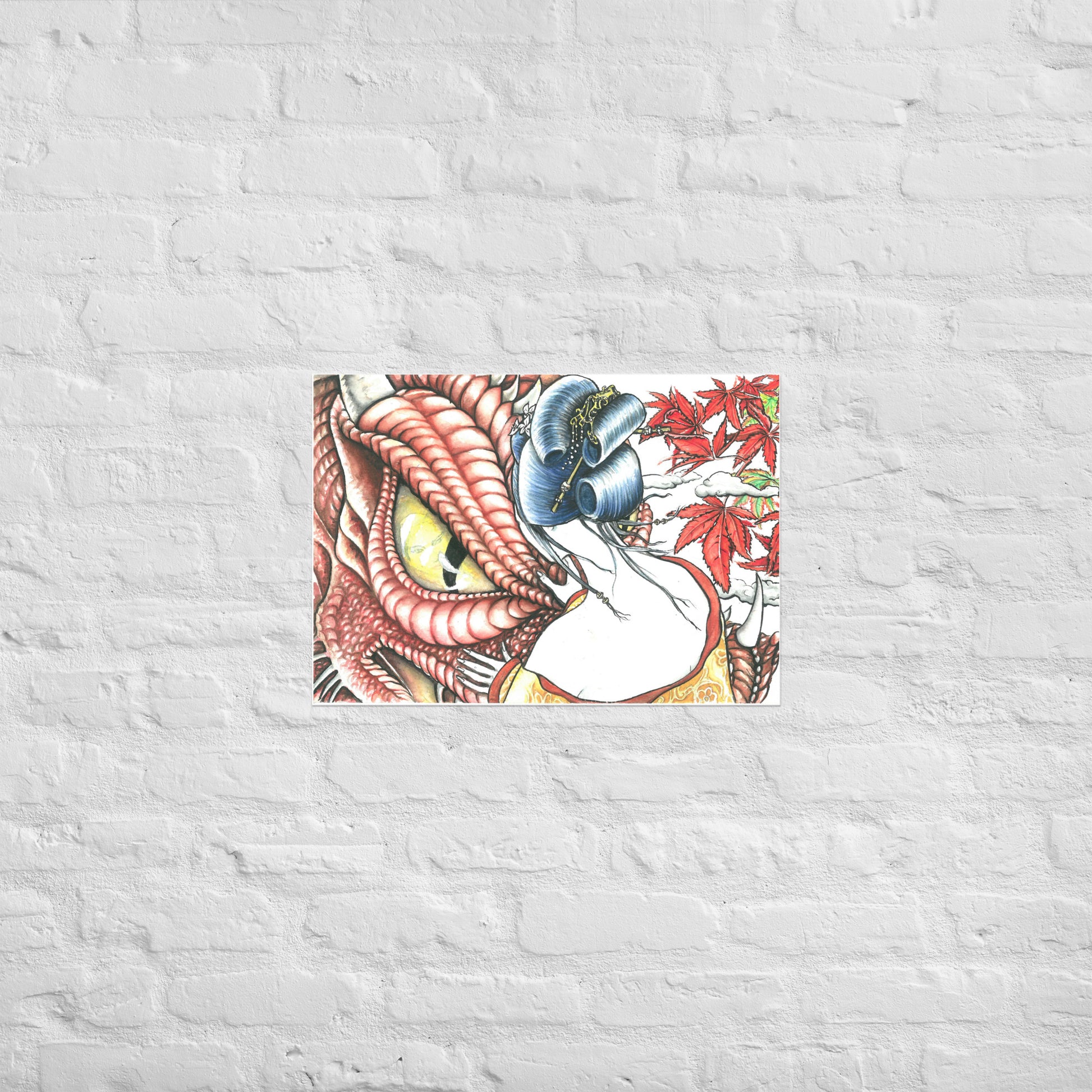 Póster japonés El Ojo del Dragón en formato pequeño sobre pared blanca minimalista