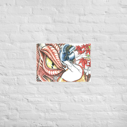 Póster japonés El Ojo del Dragón en formato pequeño sobre pared blanca minimalista