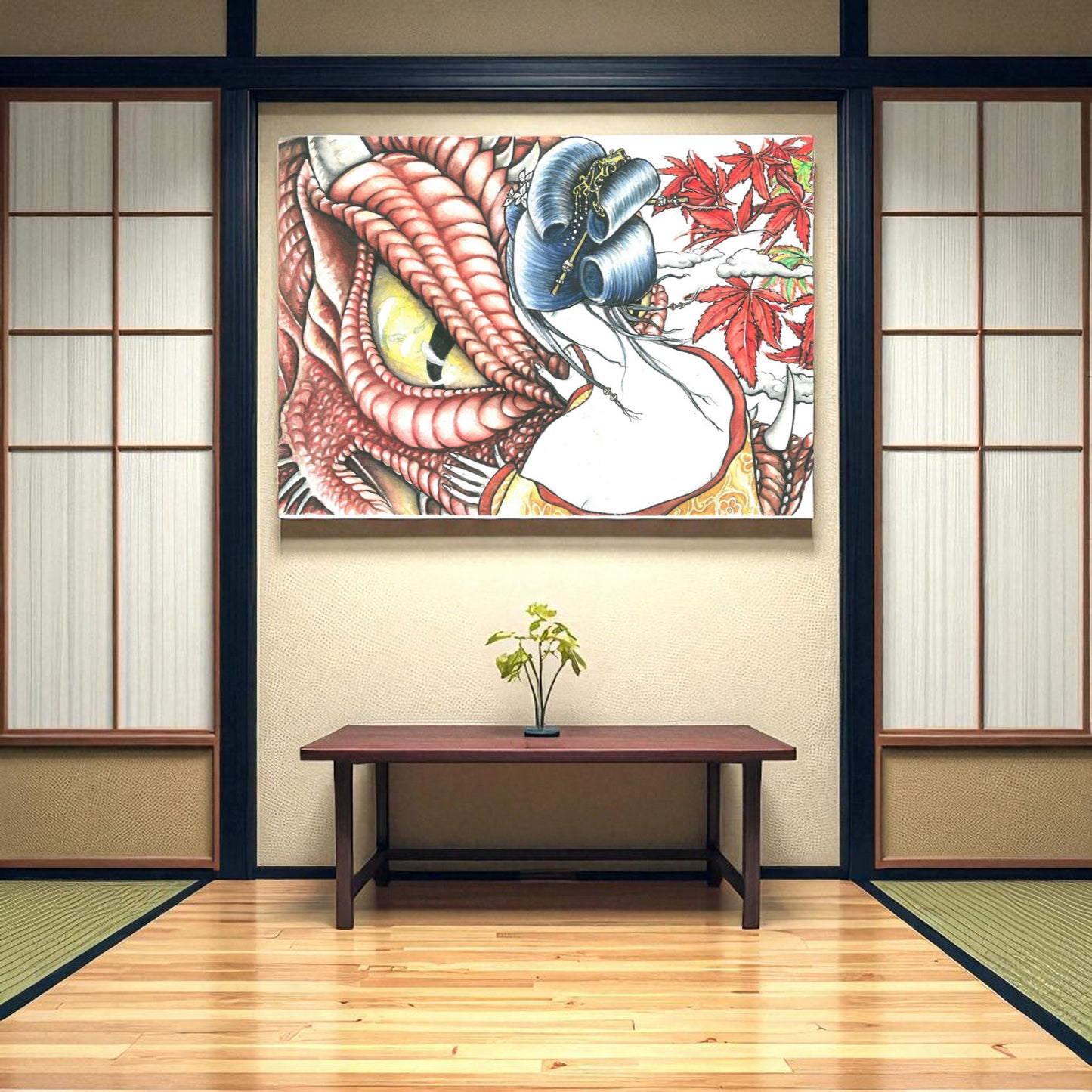 Póster japonés El Ojo del Dragón colgado en sala zen estilo japonés con tatami