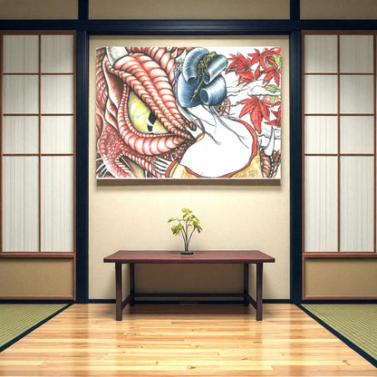 Póster japonés El Ojo del Dragón colgado en sala zen estilo japonés con tatami