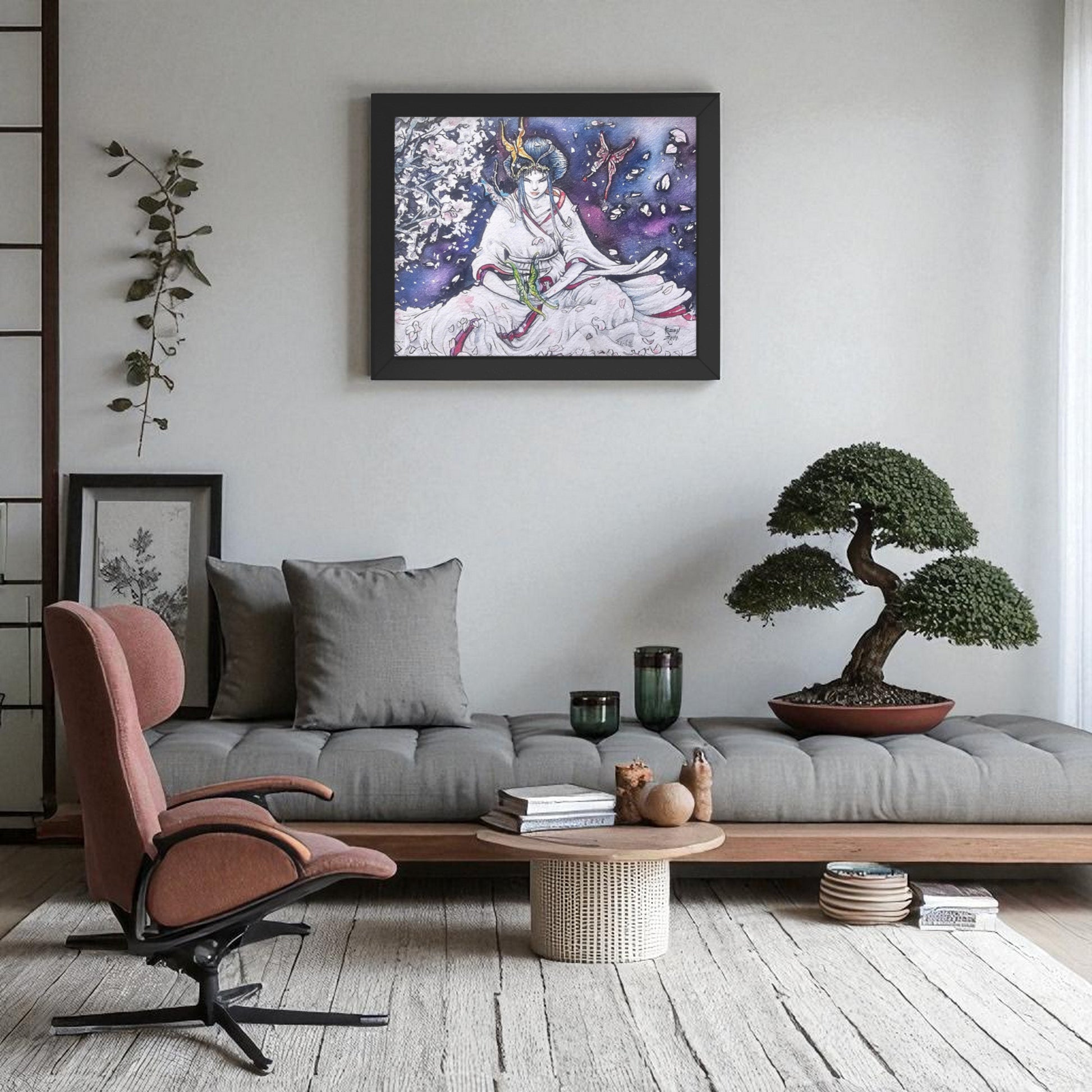 Póster Paz Interior enmarcado en salón, mujer meditando rodeada de pétalos de cerezo, salón zen con bonsais