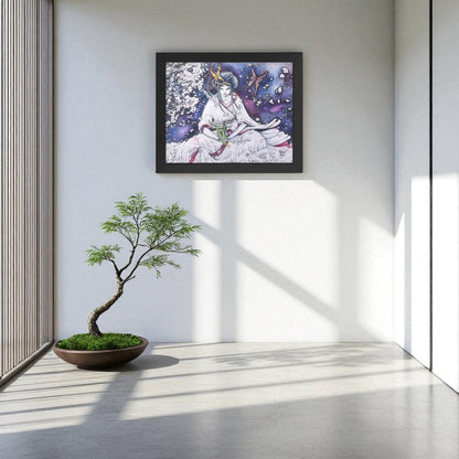 Póster Paz Interior enmarcado en salón, mujer meditando rodeada de pétalos de cerezo